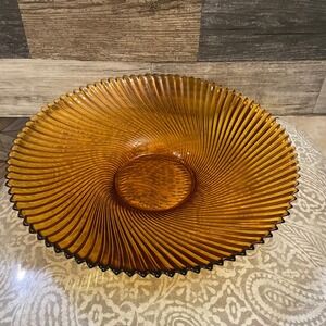 Vintage Amber Glass Swirl Footed Bowl France 11 MCM Mid Century Decor